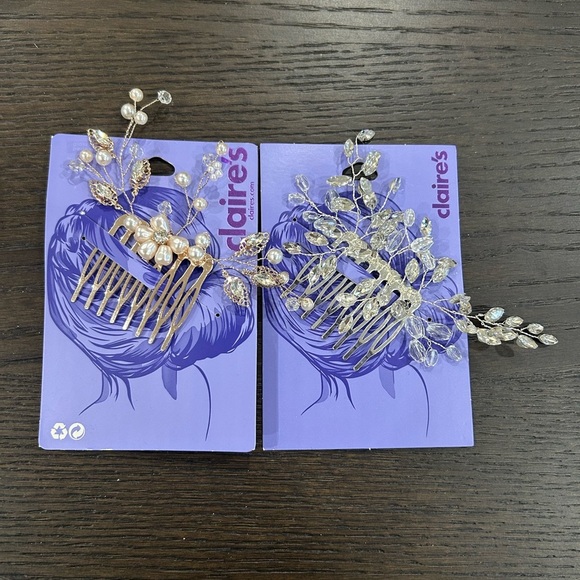Claire's hair combs adorned w/cubic zirconia and faux pearls silver tone both - Picture 1 of 2